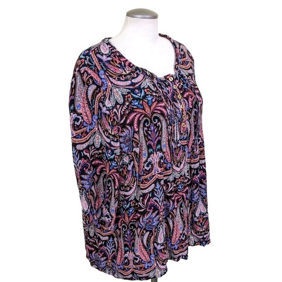 Ulla Popken Popover Tunic Top Blouse Womens Size 16 18 Multi Paisley Tie Front - Picture 2 of 9